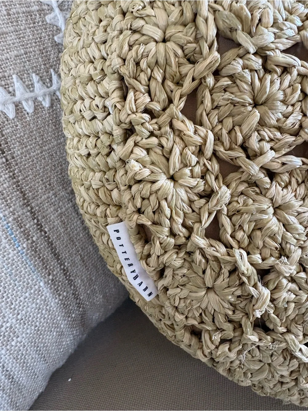 Pottery Barn || Round Crochet Raffia Accent Pillow Beachy Boho Tan Khaki